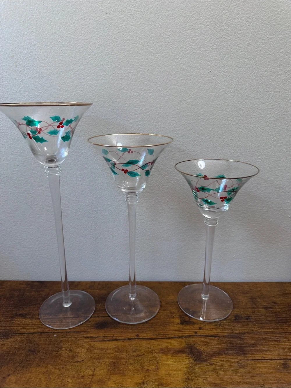 Trim A Home Christmas Glass Voti­ve Candle Holders Tartan Ribbon Holly Set of 3